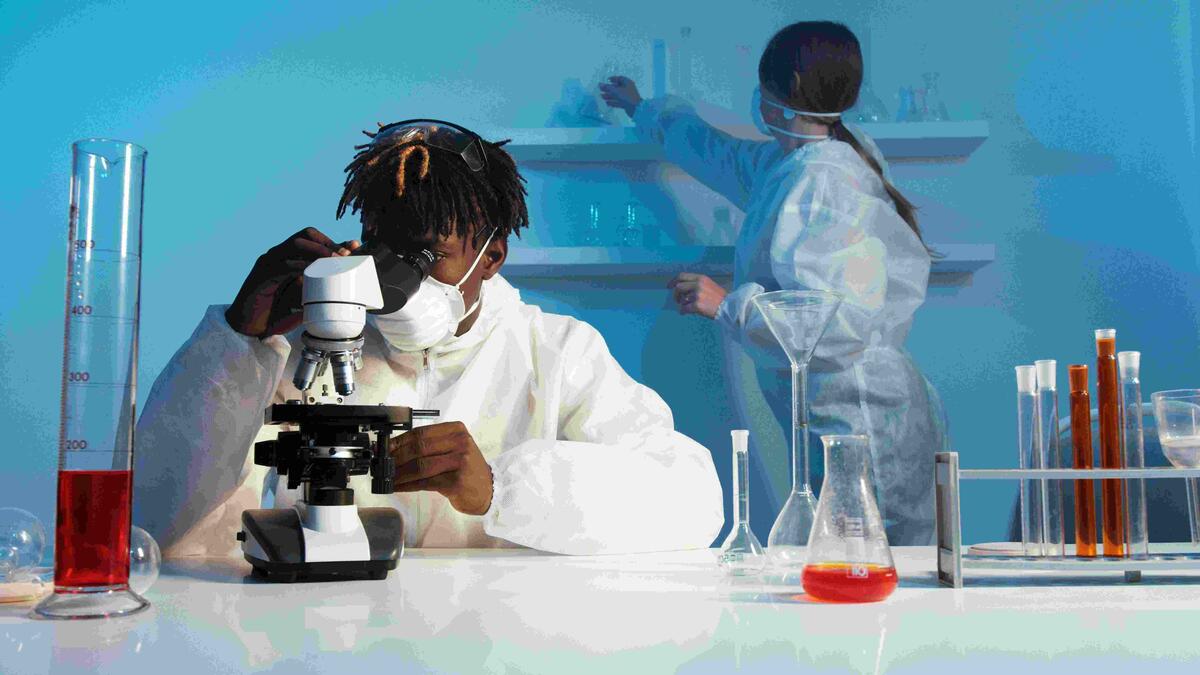 Research laboratory with scientists working
